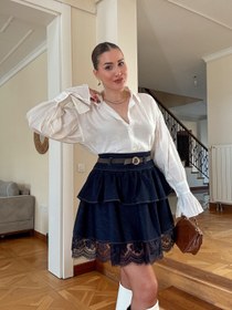 Resim Katlı Kemer Detaylı Kot Etek-MAVİ - 38 
