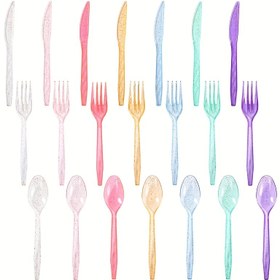 Resim 48 adet, Plastik Bıçak Çatal Kaşık Seti, 7 Renkli Atıl Plastik Mutfak Gereçleri, Düğün Gelin Duşu Partisi Dekoru, Doğum Günü Partisi Dekoru, Bebek Duşu Partisi Malzemeleri, Etkinlik Partisi Yemek Masası Malzemeleri 