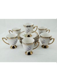 Resim Tutku 6 Kişilik Türk Kahvesi Fincan Takımı Mor Orkide Desenli Beyaz 