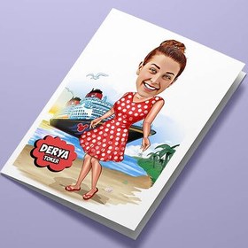 Resim Tatildeki Kadın Karikatürlü Tebrik Kartı 