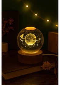 Resim 3d Satürn Kız Küre Kristal Gün Işığı Led Gece Lambası Usb'li Ahşap Standlı Led Masa Lambası & Gece Lambası 