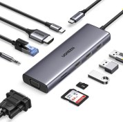 Resim Type-C to 3*USB 3.0 4K/30Hz HDMI VGA Gigabit Ethernet Aux SD TF Kart Okuyucu Çoklayıcı Hub Adaptör Ugreen