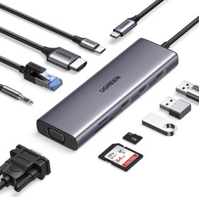 Resim Type-C to 3*USB 3.0 4K/30Hz HDMI VGA Gigabit Ethernet Aux SD TF Kart Okuyucu Çoklayıcı Hub Adaptör 