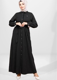 Resim Beyza 5559 Siyah Çizgili Tesettür Kışlık Elbise 
