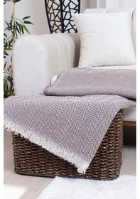 Resim Pamuklu Zikzak Desenli Püsküllü Koltuk Örtüsü 170x210 Cm Dekoratif Ve Çok Amaçlı Kahverengi 