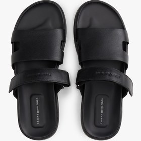 Resim Tommy Hilfiger Erkek Ayarlanabilir Premium Siyah Deri Sandalet 