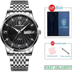 Resim Hanyang Gümüş Siyah ve Kutu Poedagar Marka Lüks Erkek Saatler Yüksek Kaliteli Su Geçirmez Iş Rahat Adam Kuvars Kol Saati Aydınlık Paslanmaz Çelik Saatler (Yurt Dışından) 