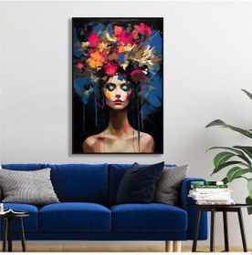 Resim Yağlı Boya Dokulu Tablo Modern Çiçek Saçlı Kadın Siyah Çerçeveli U05013-178965 