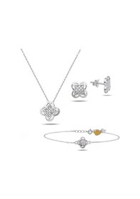 Resim Brezza Lusso Jewelry Swarovski Taşlı Elegant Yonca Kadın Gümüş Kolye Küpe Bileklik Set 