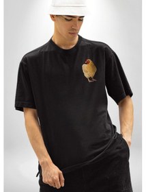 Resim Tavuk Siyah Oversize Unisex Ön Sol Yan Minimal Baskılı Tişört Koyu Siyah 