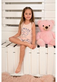 Resim kız çocuk askılı pijama takımı always smile somon 