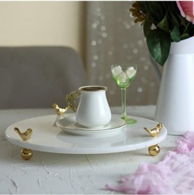 Resim Akayev Mermer Beyaz 30 Cm Altın Ayak Kuş Yuvarlak Sunum Tabağı 