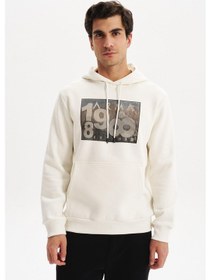 Resim Arma Erkek Kapüşonlu Kanguru Cepli 3 İplik Baskılı Şardonlu Regular Fit Sweatshirt K30254628702 Ekru 