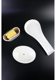 Resim 3 Parça Seramik Mutfak Set Kaşıklık Süngerlik Katı Sabunluk Krem Diğer 