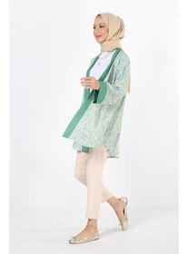 Resim Desenli Beli Kuşaklı Kimono Yeşil 