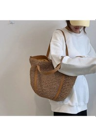 Resim Oval Deri Tabanlı Deri Ve Hasır Saplı Çıtçıtlı Astarlı Yumuşak Sahil Plaj Beach İthal Hasır Çanta Camel 