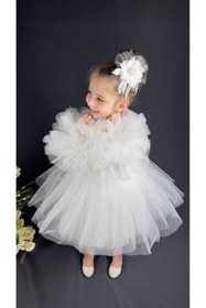 Resim Buse&Eylül Bebe Beyaz Ponpon Kollu Pullu Kız Çocuk Abiye 