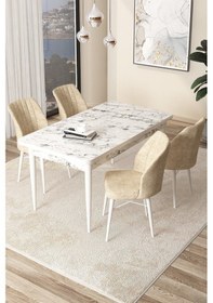 Resim Canisa Concept Arp Serisi 70x110 Sabit Mutfak Masası Takımı Beyaz Mermer Desen Masa 4 Krem Sandalye Masa Beyaz/sandalyeler Krem 