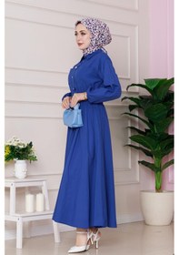 Resim Sevitli Beli Lastik Detaylı Yasemin Elbise-saks Mavi-4816 Saks Mavi 