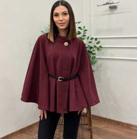 Resim Liya Kemerli Kaşe Bordo Panço - L 