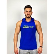 Resim Mavi Erkek Regular Fit -Iron Addict- Baskılı Kapüşonlu Kolsuz Sporcu Hoodie 