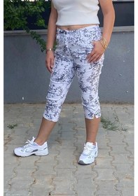 Resim Kadın Beyaz-siyah Yaprak Deseli Kot Kapri Beyaz-siyah 