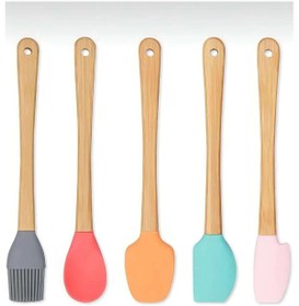 Resim PERİBOİA 5'li Renkli Ahşap Saplı Silikon Uçlu Spatula Fırçalı Kaşık Seti -Yemek Hazırlık Seti 21 Cm 