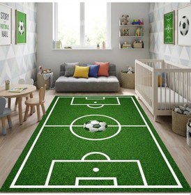 Resim Futbol Sahası Desenli Çocuk Odası Halısı Kaymaz Tabanlı Yıkanabilir Dijital Baskı Halı Yeşil 