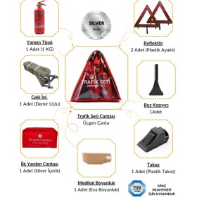 Resim Üçgen Trafik ve Ilk Yardım Seti - Muayene Uyumlu 1 kg Araç Yangın Tüpü - 2 Adet Reflektör - Silver Pack 