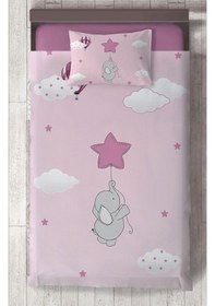 Resim Mekta Home Bebek Ve Çocuk Odası Pembe Yıldızlı Fil Desenli Yatak Örtüsü Renkli 