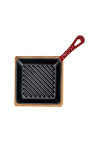 Resim Lava Döküm Mini Kare Izgara Tava Kayın Ahşap Altlıklı Döküm Demir Yekpare Saplı Ölçü 16x16cm.-bordo Bordo 