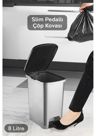 Resim Pedallı Gri Banyo Mutfak Çöp Kovası Siyah Kapaklı Slim Pedallı Çöp Kovası 8 Litre Gri 