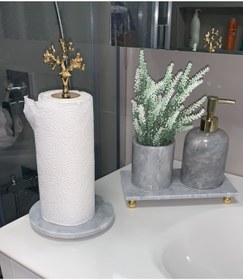 Resim Sümeyra Marble Art Aria - Doğal Gri Mermer Banyo Seti | 4 Parça |gold| Kağıt Havluluk 