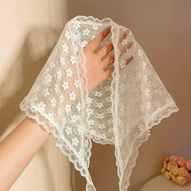 Resim 1 adet Vintage Fransız Dantel Bandana - Zarif Beyaz Çiçekli Saç Aksesuarı ve Polyester Eşarp, Dış Mekan Dekoru için, Elde Yıkama veya Kuru Temizleme, Festivite Mükemmel, Dantel Kenarlıklı 