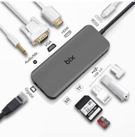 Resim Bix BX11HB Type-C to HDMI VGA Ethernet 3.5mm Aux Jack USB 3.0 PD Kart Okuyucu Dönüştürücü Adaptör Hub 