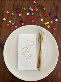 Resim Gold Yaldızlı Beyaz Sevimli Ayı Baskılı Garson Katlama Peçete 16 Adet 