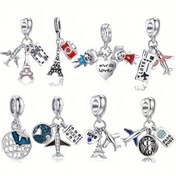 Resim 1 Parça Küresel Seyahat Charm Seti - Çinko Alaşım Eiffel Kulesi, Uçak, Pasaport Pimleri - DIY Bileklik Charmı - Dünya Seyahatçisi için Mükemmel Hediye 