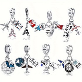 Resim 1 Parça Küresel Seyahat Charm Seti - Çinko Alaşım Eiffel Kulesi, Uçak, Pasaport Pimleri - DIY Bileklik Charmı - Dünya Seyahatçisi için Mükemmel Hediye 