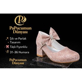 Resim Papucumun Dünyası Topuklu Fiyonklu Kız Çocuk Babet Pembe 