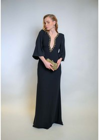 Resim Crystalia Hazel Dress Krep Kumaş Taş İşlemeli - Siyah Siyah 