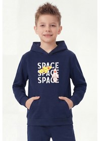 Resim Panios Kids Kanguru Cepli Kapüşonlu Baskı Detaylı Erkek Çocuk Sweatshirt Lacivert 