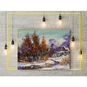 Resim Kanvas Tablo - Yağlı Boyama Karlı Sonbahar Ev Manzarası 