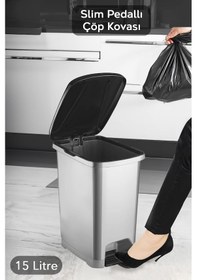 Resim Pedallı Gri Banyo Mutfak Çöp Kovası Siyah Kapaklı Slim Pedallı Çöp Kovası 15 Litre Gri 