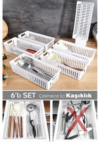 Resim 6'lı Modüler Kaşıklık Seti - Mutfak Düzenleyici Çekmece İçi Organizer Bıçaklık Kepçelik Beyaz Beyaz 