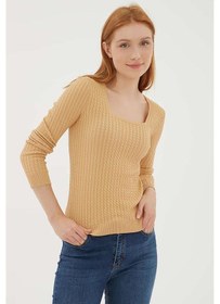 Resim Fashion Friends Kadın Kare Yaka Saç Örgülü Kazak 23k0405k1 Camel 