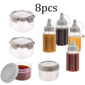 Resim 8 Mini Baharat Kapları, Kapakları ile Sızdırmaz, 4 Sıkıştırma Şişesi ve 4 Baharat Kavanozunu İçerir, Taşınması Kolay, Piknikler, Seyahatler ve Öğle Yemeği Aksesuarları için Mükemmel. 