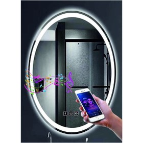 Resim DNR Mirror 73x93 Cm Bluetoothlu Buğu Yapmayan Dokunmatik Tuşlu Kumlamalı Beyaz Ledli Elips Banyo Aynası 