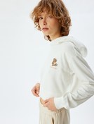 Resim Kapüşonlu Crop Sweatshirt Pijama Üstü Ayıcık İşlemeli Pamuklu İki İplik Şardonlu 