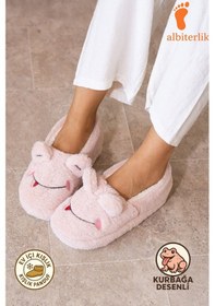 Resim Albishoes Kışlık Içi Tüylü Kadın Ev Ayakkabı Kurbağa Figürlü Kaydırmaz Rahat Taban Panduf Ev Botu Pudra 