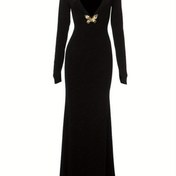 Resim Kadınların Zarif Seksi Derin V Yaka Sırtı Açık Vücut Mermaid Elbisesi Kelebek Süslemeleri ile - Yaz için Uzun Kollu Zemin Boyu Resmi Parti Akşam Elbisesi, Düz Siyah 